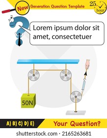 Physics, Science experiments on force and motion with pulley, Simple Machines, Springs, Pulleys, Gears, next generation question template, dumb physics figures, exam question, eps 