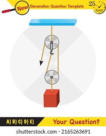 Physics, Science experiments on force and motion with pulley, Simple Machines, Springs, Pulleys, Gears, next generation question template, dumb physics figures, exam question, eps 