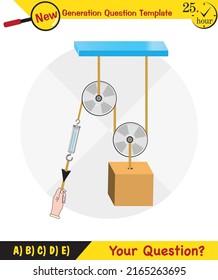 Physics, Science experiments on force and motion with pulley, Simple Machines, Springs, Pulleys, Gears, next generation question template, dumb physics figures, exam question, eps 