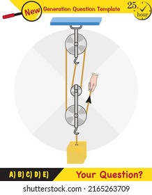 Física, experimentos científicos sobre la fuerza y el movimiento con polea, Máquinas simples, manantiales, poleas, engranajes, plantilla de preguntas de próxima generación, figuras mudas de física, pregunta de examen, eps 