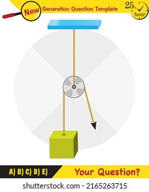 Physics, Science experiments on force and motion with pulley, Simple Machines, Springs, Pulleys, Gears, next generation question template, dumb physics figures, exam question, eps 