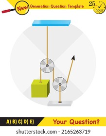 Physics, Science experiments on force and motion with pulley, Simple Machines, Springs, Pulleys, Gears, next generation question template, dumb physics figures, exam question, eps 
