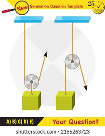 Physics, Science experiments on force and motion with pulley, Simple Machines, Springs, Pulleys, Gears, next generation question template, dumb physics figures, exam question, eps 