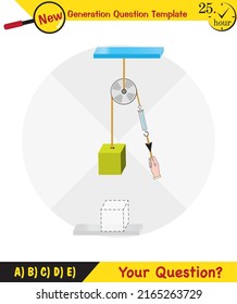 Physics, Science experiments on force and motion with pulley, Simple Machines, Springs, Pulleys, Gears, next generation question template, dumb physics figures, exam question, eps 