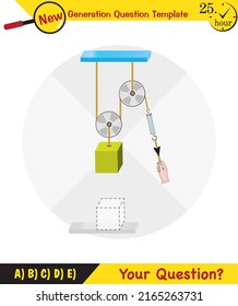 Physics, Science experiments on force and motion with pulley, Simple Machines, Springs, Pulleys, Gears, next generation question template, dumb physics figures, exam question, eps 