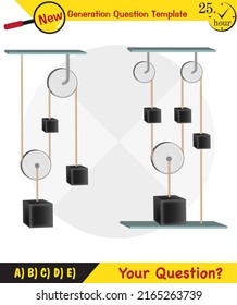 Physics, Science experiments on force and motion with pulley, Simple Machines, Springs, Pulleys, Gears, next generation question template, dumb physics figures, exam question, eps 