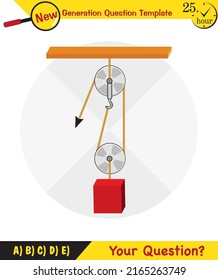 Physics, Science experiments on force and motion with pulley, Simple Machines, Springs, Pulleys, Gears, next generation question template, dumb physics figures, exam question, eps 