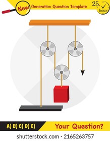Physics, Science experiments on force and motion with pulley, Simple Machines, Springs, Pulleys, Gears, next generation question template, dumb physics figures, exam question, eps 