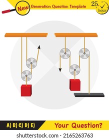 Physics, Science experiments on force and motion with pulley, Simple Machines, Springs, Pulleys, Gears, next generation question template, dumb physics figures, exam question, eps 