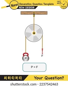 Physics, Science experiments on force and motion with pulley, Simple Machines, Springs, Pulleys, Gears, next generation question template, dumb physics figures, exam question, eps 