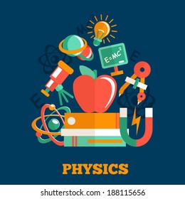 Physics science flat design poster with atom model magnet books vector illustration