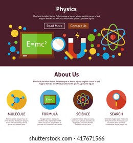 Physics Science Flat Web Design Template. Vector Illustration for Website banner and landing page. Education and Learning with Icons Modern Design.
