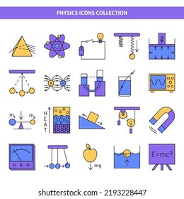 Physics science icon set in colored line style. Physical laws and symbols. Vector illustration