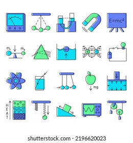 Physics science icon set in colored line style. Physical laws and symbols. Vector illustration