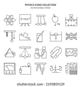 Physics science icon set in line style. Physical laws and symbols. Vector illustration with editable stroke.