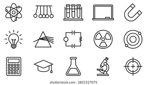 Physics science icon set vector illustration, atom pendulum magnet bulb prism circuit radiation calculator graduation hat line outline black icon isolated on white background