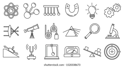 Physics science icons set. Outline set of physics science vector icons for web design isolated on white background