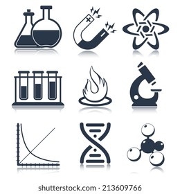 Physics science laboratory equipment black education icons set isolated vector illustration