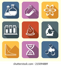 Physics science laboratory equipment scientific flat education icons set isolated vector illustration