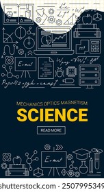 Physics Science Line Flyer Background. Vector Illustration of Education Outline Concept. Linear Laboratory Subject Sign.