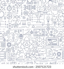 Physics Science Line Seamless Pattern. Vector Illustration of Education Outline Background. Linear Laboratory Subject Sign. Optics, Mechanics and Nuclear Texture.