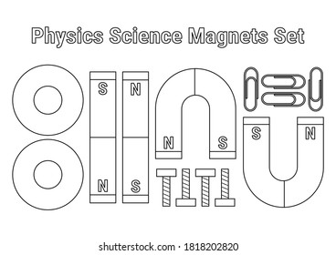 Physics science magnets set vector illustration isolated on white background. Horseshoe, donut, and bar magnet with iron screws and paper clips. Science education learning tools.