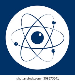 Physics science model icon, atom sign symbol on blue background. Flat design style. 