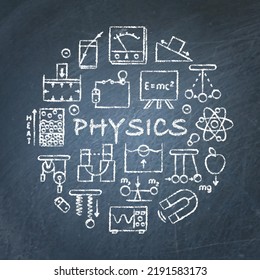 Physics science round concept banner on chalkboard. Physical symbols on blackboard. Vector illustration