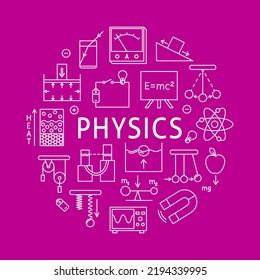 Physics science round concept poster in line style. Banner with physical symbols. Vector illustration