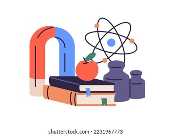 Physics, science and school subject, lesson concept. Theory book for education, knowledge. Textbook, magnet, atom, weights and apple composition. Flat vector illustration isolated on white background