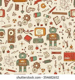 Physics. Science seamless pattern. Hand drawn doodles Robot, Measuring equipment,  instrumentation and elements