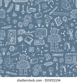 Physics. Science seamless pattern. Hand drawn doodles Robot, Measuring equipment, instrumentation and elements