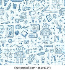Physics. Science seamless pattern. Hand drawn doodles Robot, Measuring equipment, instrumentation and elements
