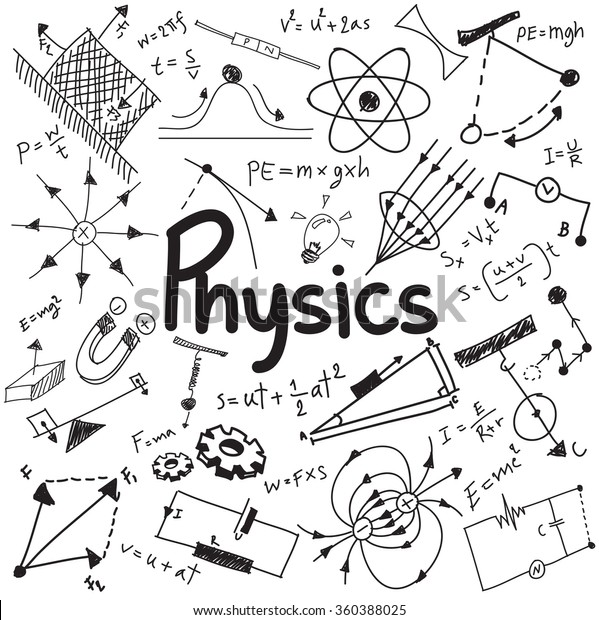 Physics science theory law and mathematical\
formula equation, doodle handwriting and model icon in white\
isolated background paper used for school education and document\
decoration, create by\
vector