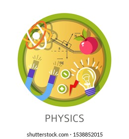 Physics scientific discipline with magnet, atom, apple for gravity theory, lightbulb representing bright idea, angle calculation, positive, negative molecules cartoon icons inside circle concept