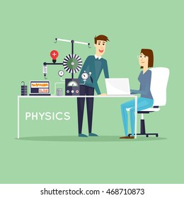 Physics Scientist working in laboratory. Male and female. Education. School, College. Flat design vector illustrations.