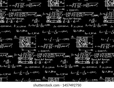 Physics seamless pattern with the equations, figures, schemes, formulas and other calculations on blackboard. Retro scientific and education handwritten vector Illustration.