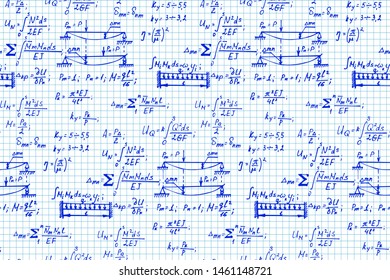 Physics seamless pattern with the equations, figures, schemes, formulas and other calculations on workbook page. Retro scientific handwritten vector Illustration.