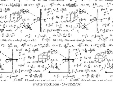 Physics seamless pattern with the equations, figures, outlines, formulas and other calculations on whiteboard. Retro scientific and education handwritten vector Illustration.