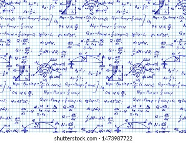 Physics seamless pattern with the equations, figures, schemes, formulas and other calculations on workbook page. Vintage scientific and education  handwritten vector Illustration.