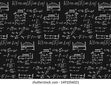 Physics seamless pattern with the equations, figures, schemes, formulas and other calculations on chalkboard. Retro scientific and educational handwritten vector background.