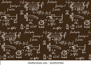 Physics seamless pattern with the equations, figures, schemes, formulas and other calculations on blackboard. Retro scientific handwritten vector Illustration.