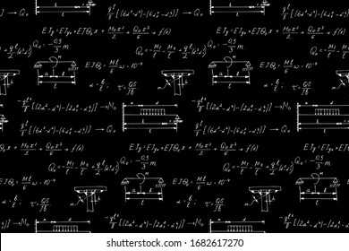 Physics seamless pattern with the equations, figures, schemes, formulas and other calculations on chalkboard. Retro scientific and educational handwritten vector Illustration.
