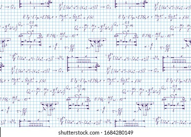 Physics seamless pattern with the equations, figures, schemes, formulas and other calculations on notebook page. Vintage scientific and education  handwritten vector Illustration.
