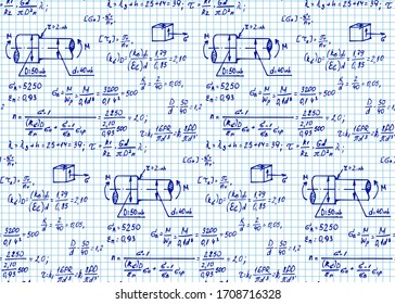 Physics seamless pattern with the equations, figures, schemes, formulas and other calculations on notebook page. Vintage scientific and education  handwritten vector Illustration.