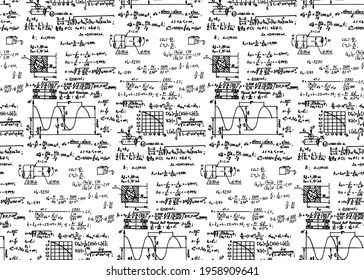 Physics seamless pattern with the equations, figures, schemes, formulas and other calculations on whiteboard. Vintage scientific and educational handwritten vector background.