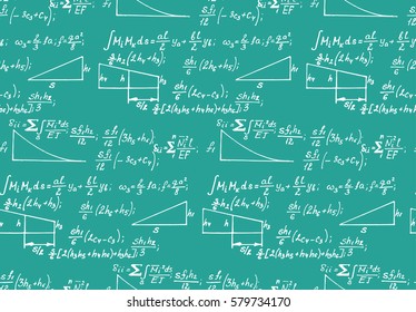 Physics seamless pattern with the equations, figures, schemes, plots and other calculations on blackboard. Handwritten vector Illustration.