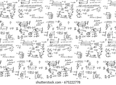 Physics seamless pattern with the equations, figures, schemes, plots and other calculations. Handwritten vector whiteboard.