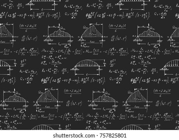 Physics seamless pattern with the equations, figures, outlines, plots and other calculations on blackboard. Retro handwritten vector Illustration.