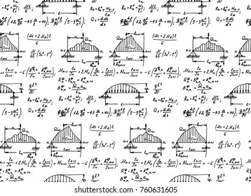 Physics seamless pattern with the equations, figures, outlines, plots and other calculations on whiteboard. Retro handwritten vector Illustration.